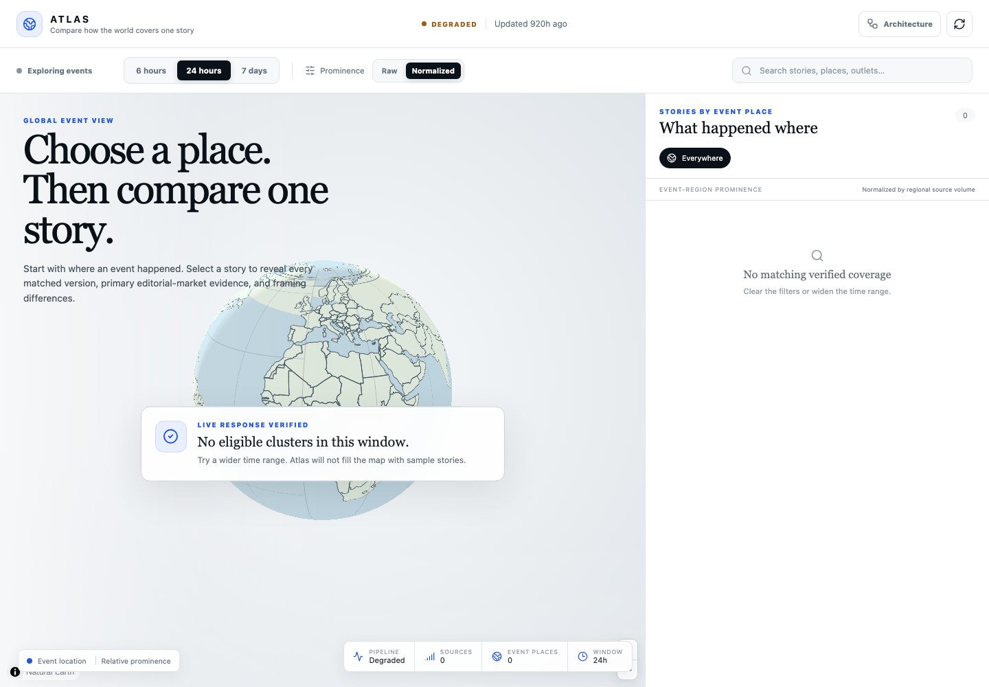 Atlas globe interface with geographic news filters and an explicit no-current-stories state